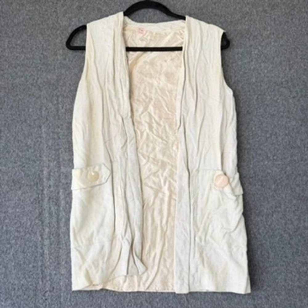 Vintage 70s Cream Sleeveless Longline Vest Open Front Pocketed Size 11